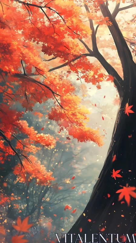 Golden autumn canopy glows softly above a misty forest