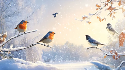 Songbirds on snowy branches under soft backlit winter atmosphere