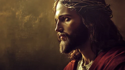 Side-lit robed figure with crown of thorns in warm chiaroscuro.