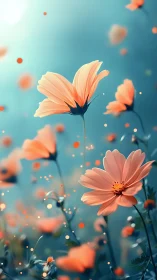 Peach Cosmos Flowers Against Turquoise Sky.