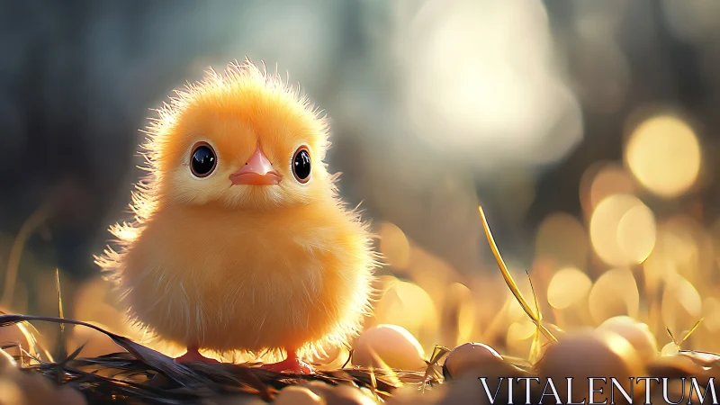 Tiny Golden Chick Radiates Sunlit Charm in Cozy Nest.