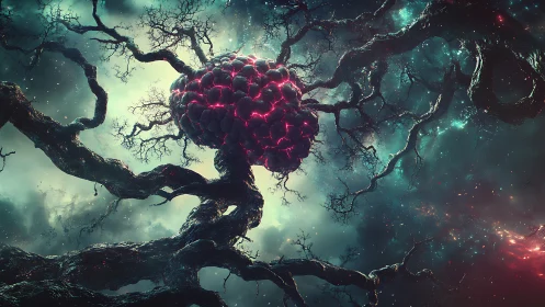 Neural tree cosmos entwined with glowing bio-organic core.