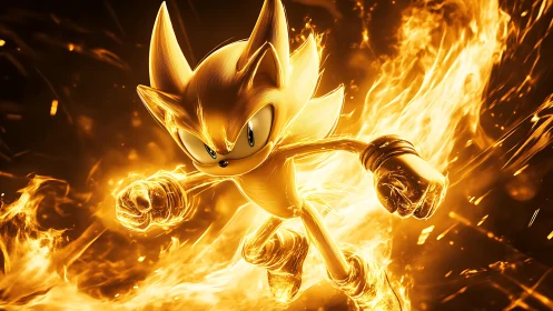 Golden hedgehog character sprints through swirling fire