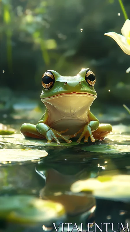 Pondside Philosopher Frog under sunlit lily halos.