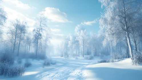 Winter hush drapes the sunlit forest in shimmering frostlight