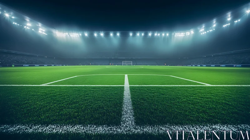 Illuminated soccer stadium field under night floodlights.