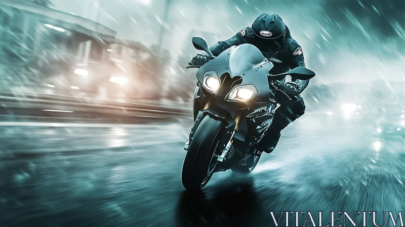 Midnight rider carving through rain-soaked city streets.