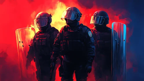 Riot police squad stands amid red smoke and harsh light.