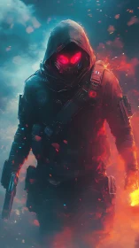Hooded cybernetic enforcer advances through volatile neon flames