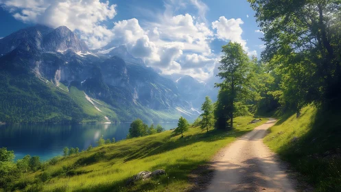 Mountain lake valley path under bright summer sunlight.
