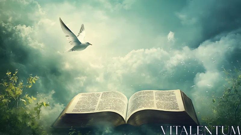 Open illuminated book levitates under dove in diffuse sky glow