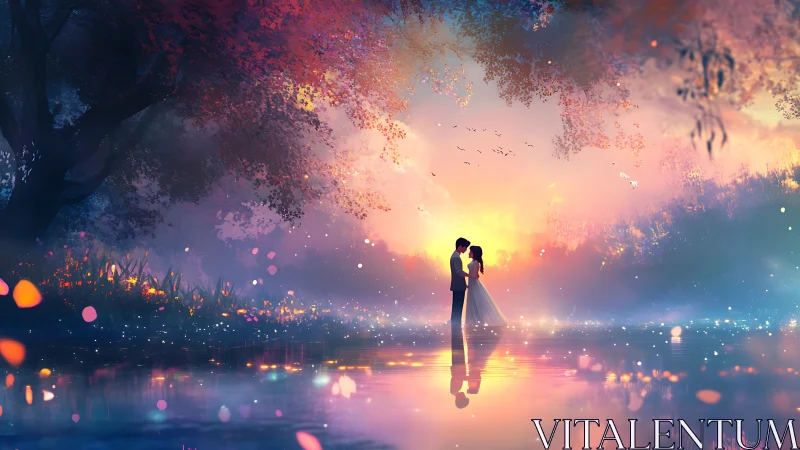 Couple standing in magical landscape at sunset with golden light reflecting.