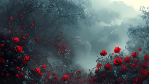 Red rose bushes stand in foggy, desaturated forest valley