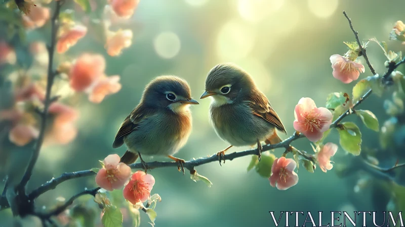 Two Cute Songbirds on Blossoming Branch in Soft Pastel Light.