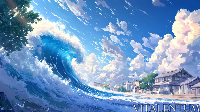 Towering blue wave collides with tranquil seaside town.