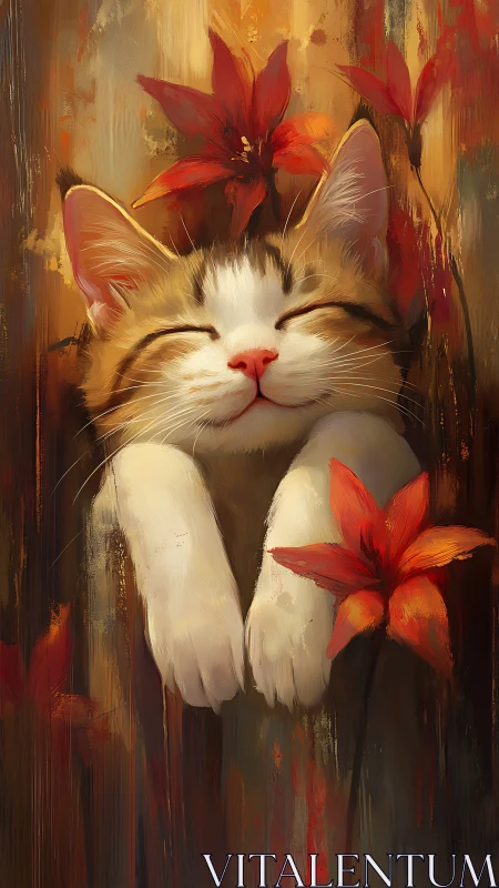 Felid Portrait with Luminous Floral Surrounds and Warm Color Palette.