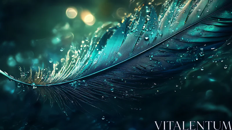 Digital macro study of teal feather with crystalline droplets.