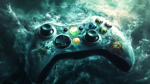 Translucent game controller suspended in turbulent teal vapor