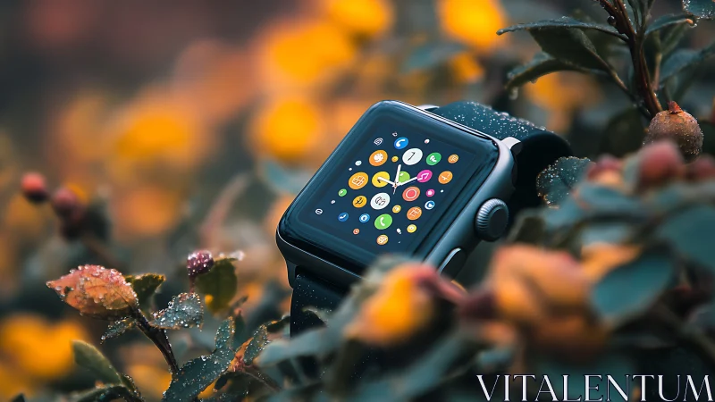 Smartwatch display embedded in dew-laced autumn foliage matrix.