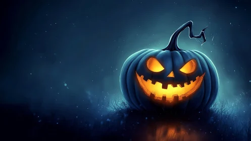 Glowing jack-o-lantern on wet grass under cold blue rim lighting