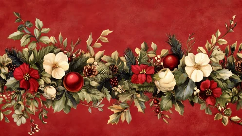 Horizontal floral garland extends across uniform red ground