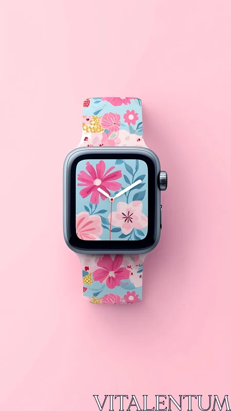 Smartwatch with pink floral band on pastel background.