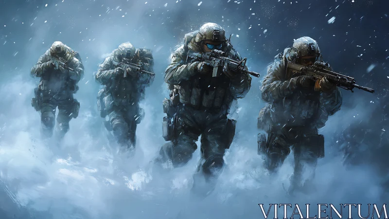 Tactical infantry fireteam advancing through blizzard conditions