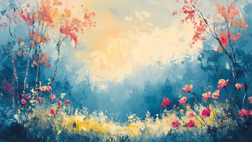 Brushwork landscape presents central light amid trees and flowers