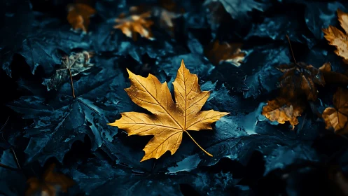 Isolated golden maple leaf on cool-toned wet foliage surface