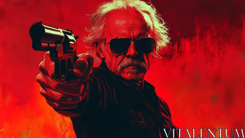 Armed older man aims revolver against blazing red backdrop.
