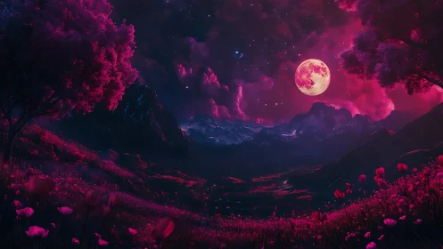 Neon magenta moon illuminates a surreal alpine valley landscape
