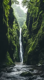 Moss-Draped Canyon with Cascading Waterfall Through Shadowed Gorge