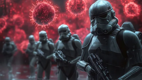 Armored sci‑fi soldiers confront macro viral structures in depth