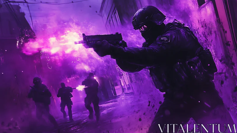 Tactical assault team advances through neon-lit alley gunfire