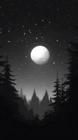 Full Moon Rising Above Dark Forest Landscape.