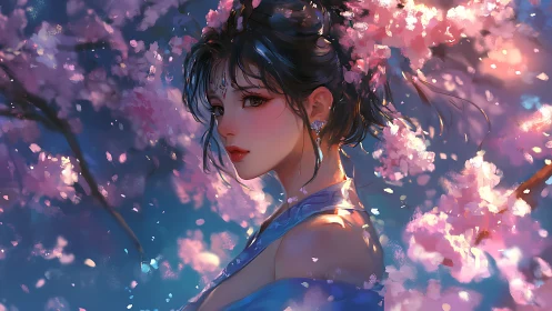 Blossom-lit muse beneath moonwashed petals at dusk.