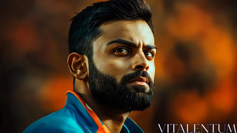 Focused bearded athlete gazes ahead amid warm stadium glow