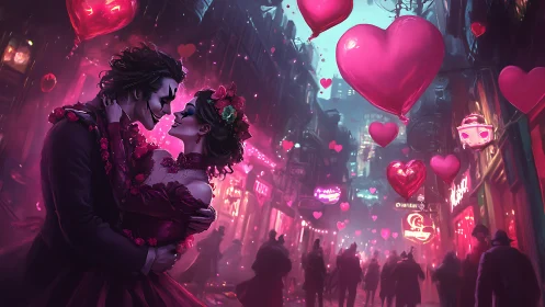 Cyberpunk Romance: Neon-Lit Urban Couple Amidst Floating Heart Balloons.