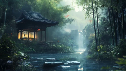 Cozy lantern-lit forest pavilion beside a misty waterfall.