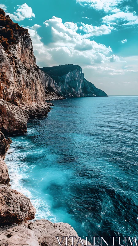 Turquoise waves carve stories into the sunlit coastal cliffs