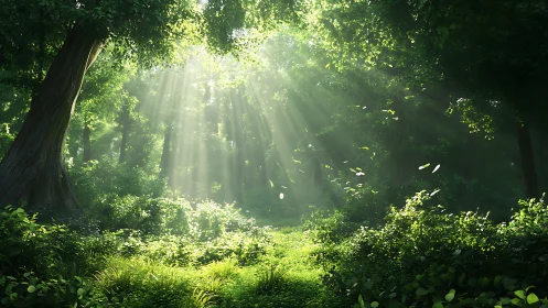 Enchanted forest bathed in divine golden sunlight.