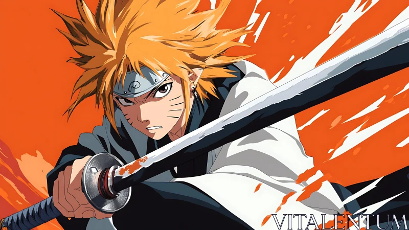 Dynamic orange anime swordsman in mid-slash attack pose