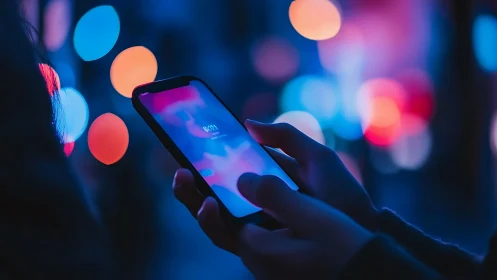 Smartphone in hand under neon bokeh, shallow depth of field.