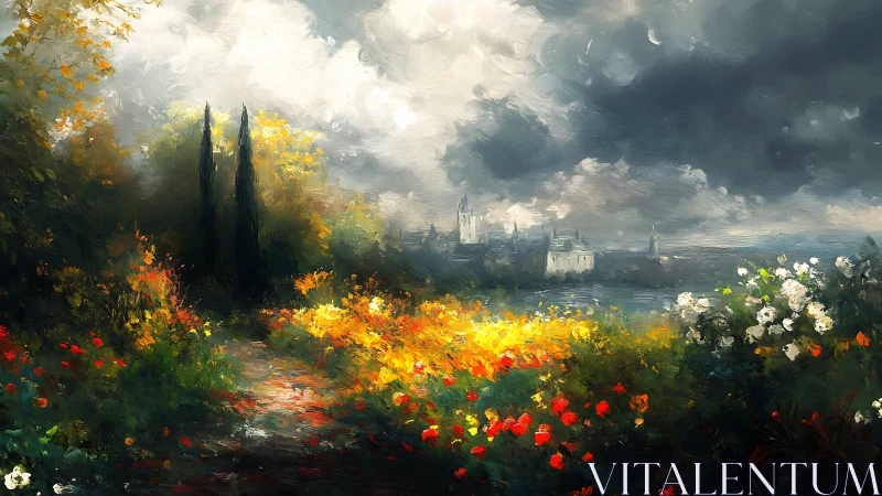 Stormlit castle overlooks blazing wildflower garden path.