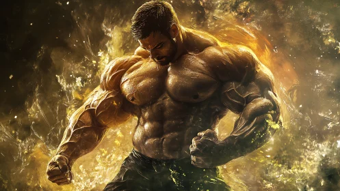 Muscular male figure posed in intense glowing energy field.