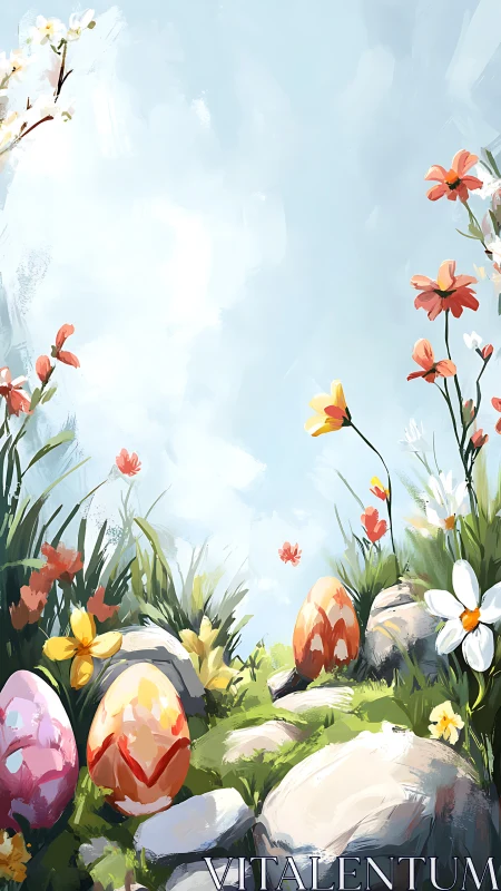 Spring meadow panorama with painted Easter eggs and wildflowers