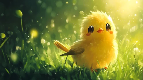 Sunlit baby chick in dreamy meadow of glowing greens.