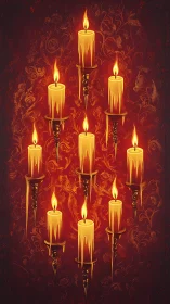 Vertical array of glowing candles over ornate crimson background