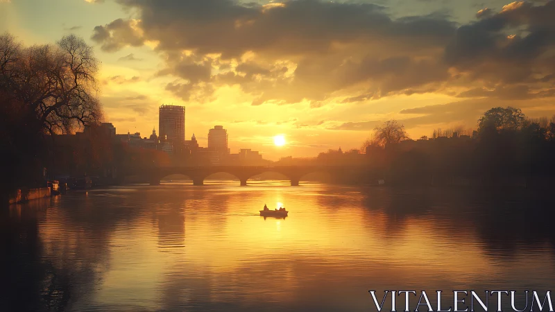 Golden hour river panorama with silhouetted bridge and rowboat