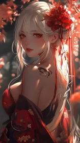 Digital portrait depicts woman in red kimono with shoulder tattoo